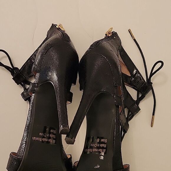 WILD DIVA LOUNGS GIVE ME  FEVER BLACK SNAKESKIN LACE-UP HEELS SANDAL - Picture 12 of 13